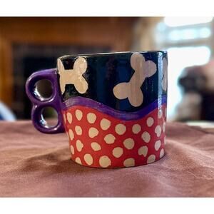 Hand Painted Pottery Stoneware Mug Cup Dog Bone & Polka Dot Signed MMB By Artist